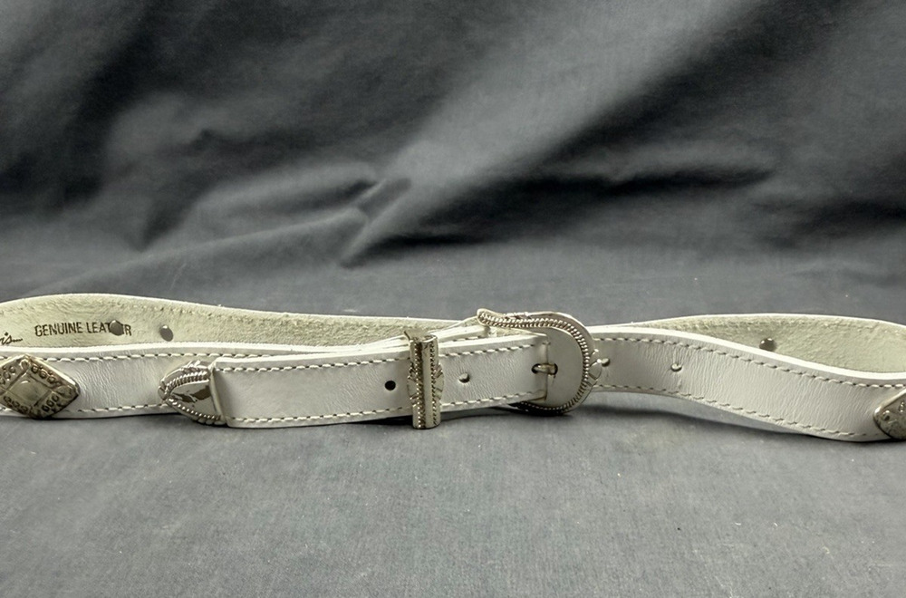 Vintage White Leather Nan Lewis Belt With Metal Accents M/L size Western Style